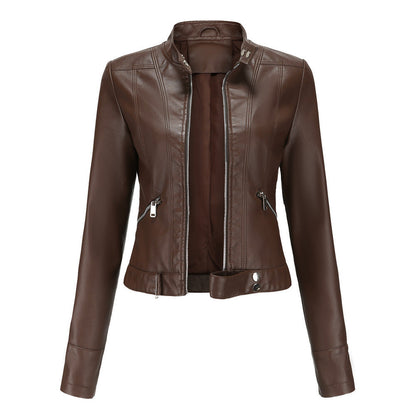 Women's Leather Jacket Zip High Collar
