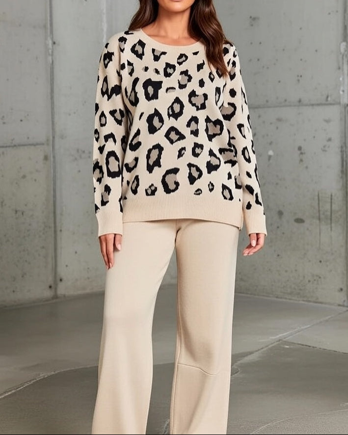 Women's Leopard Print Sweater Set Relaxed Fit - VibreMode