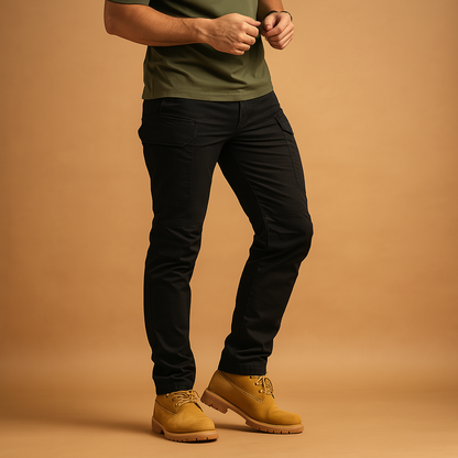Tactical cargo pants for men with multiple pockets and a flexible comfortable fit, ideal for outdoor activities, travel, and everyday wear.