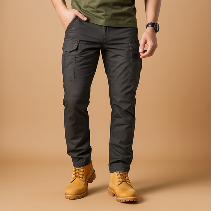 Tactical cargo pants for men with multiple pockets and a flexible comfortable fit, ideal for outdoor activities, travel, and everyday wear.