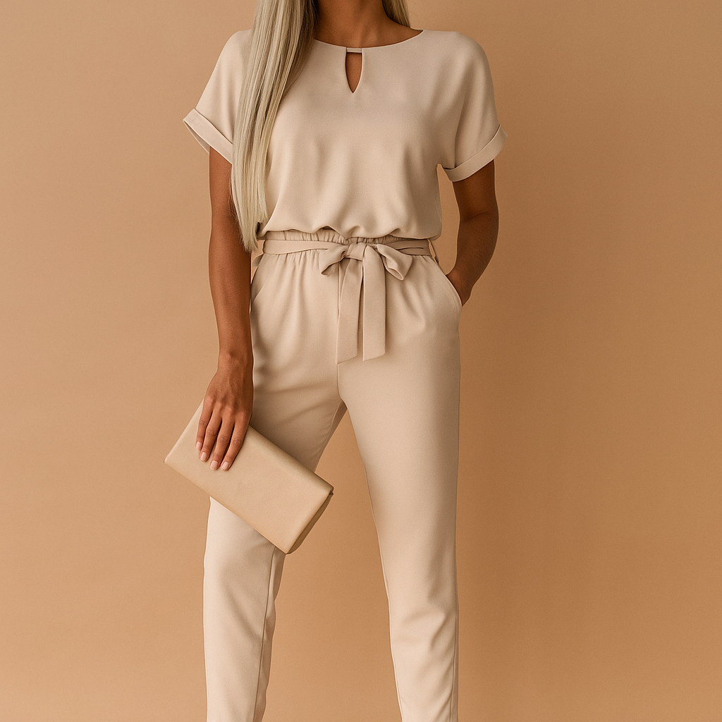 Woman wearing a tailored elegant jumpsuit with a flattering fit, suitable for business, formal dinners, and stylish evening occasions.