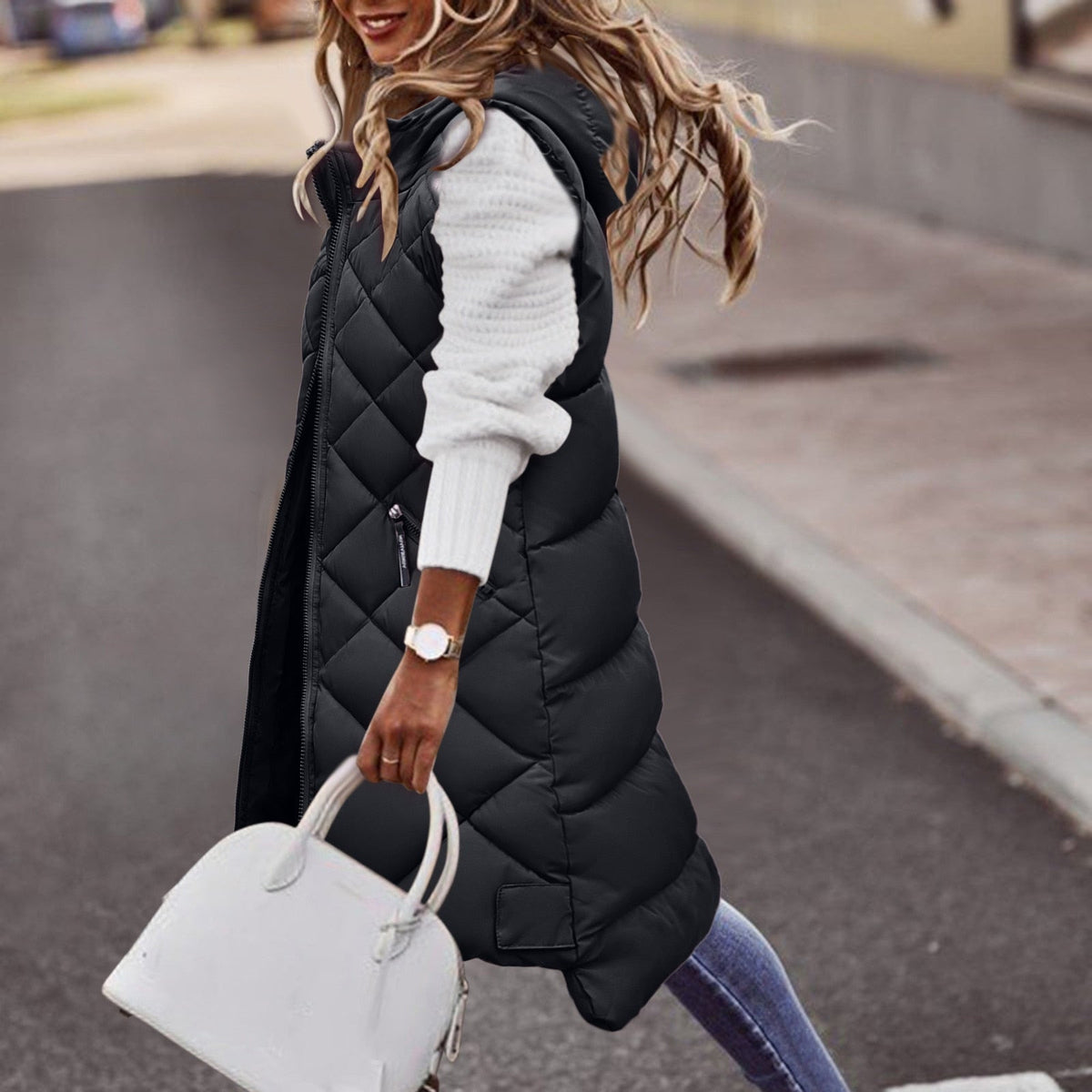 Women's Long Hooded Puffer Vest - VibreMode