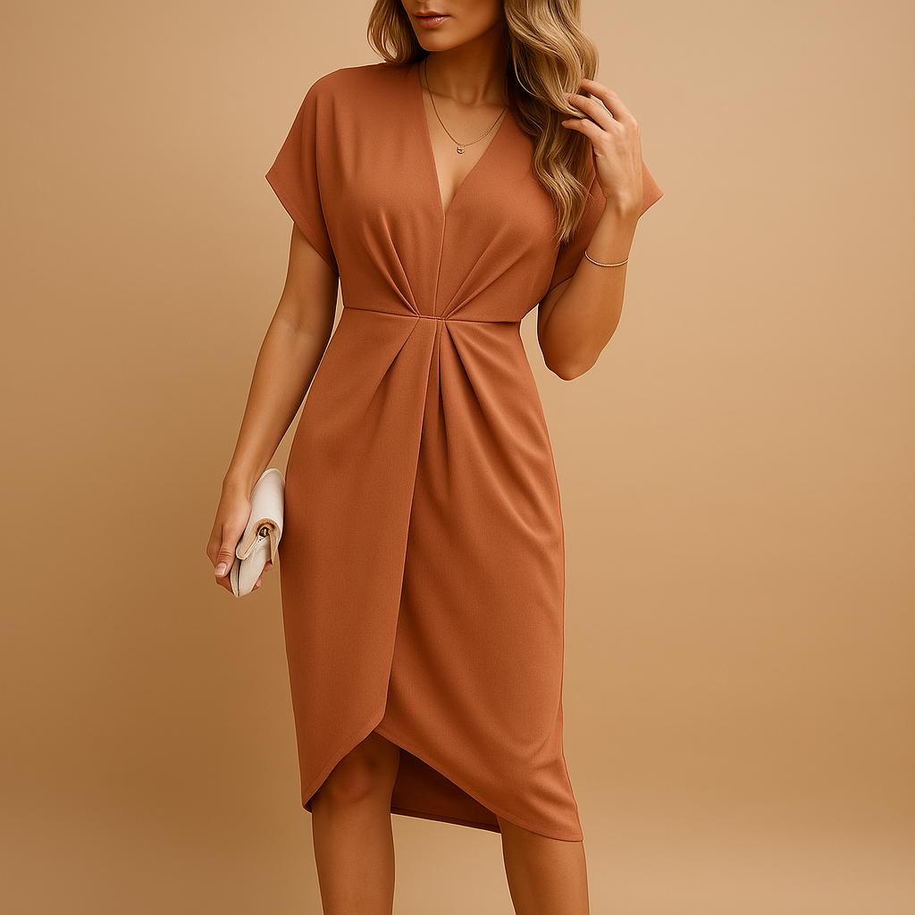 Timeless midi wrap dress for women with a flattering fit and elegant silhouette, ideal for work meetings, social events, and dinner dates.