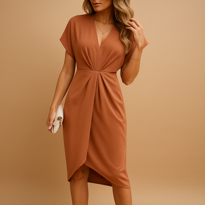Timeless midi wrap dress for women with a flattering fit and elegant silhouette, ideal for work meetings, social events, and dinner dates.