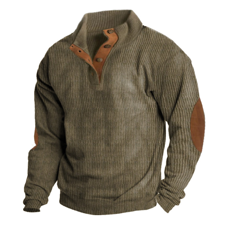 Men's Button Neck Pullover Sweater Elbow Patch - VibreMode