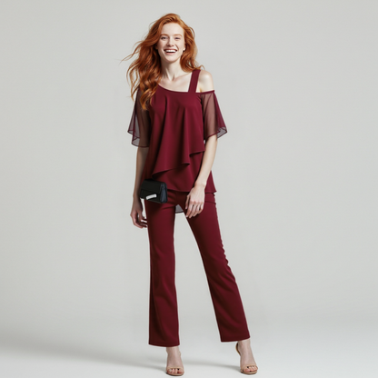 Women's Cold Shoulder Blouse Two-Piece Set