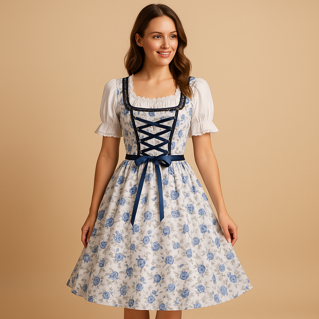 Women’s traditional Oktoberfest lace dress with apron in blue, perfect for festivals, themed parties, and cultural celebrations.