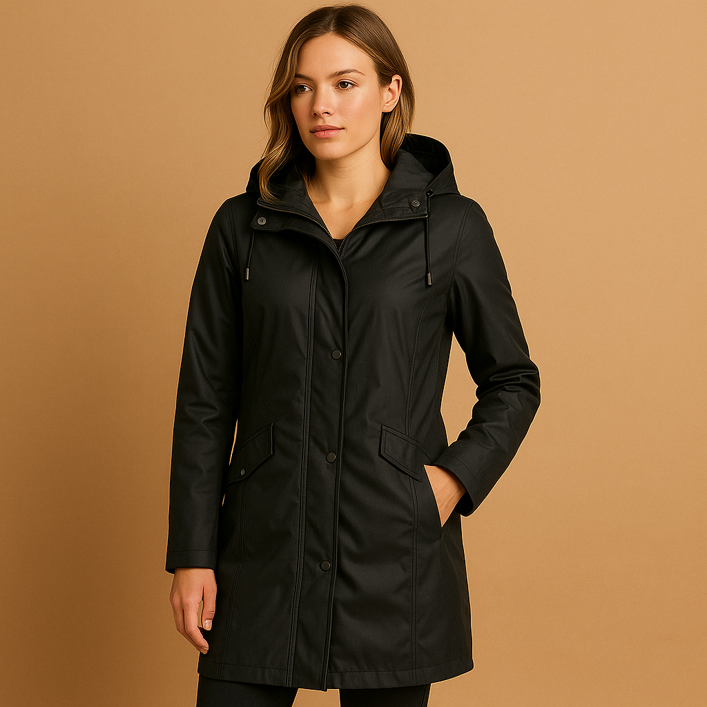 Transparent raincoat for women with hood and button closure, lightweight and breathable, available in multiple colors for all-season wear.