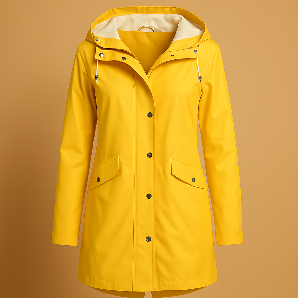 Transparent raincoat for women with hood and button closure, lightweight and breathable, available in multiple colors for all-season wear.