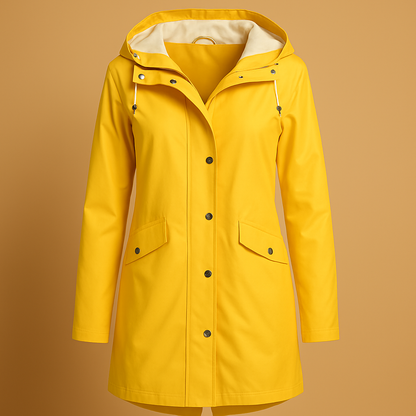 Transparent raincoat for women with hood and button closure, lightweight and breathable, available in multiple colors for all-season wear.