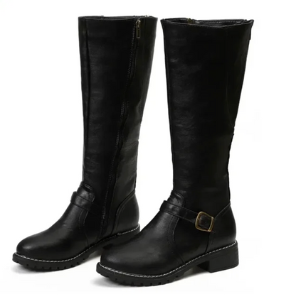 Women's Knee High Boots Buckle Strap Low Heel Black