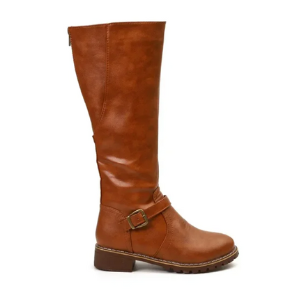 Women's Knee High Boots Buckle Strap Low Heel Black