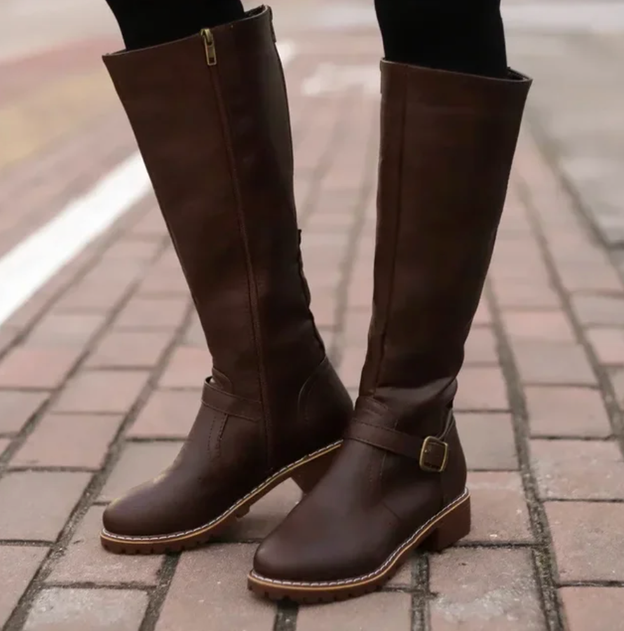 Women's Knee High Boots Buckle Strap Low Heel Black