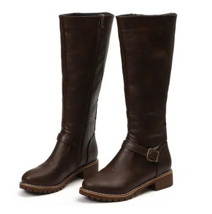 Women's Knee High Boots Buckle Strap Low Heel Black