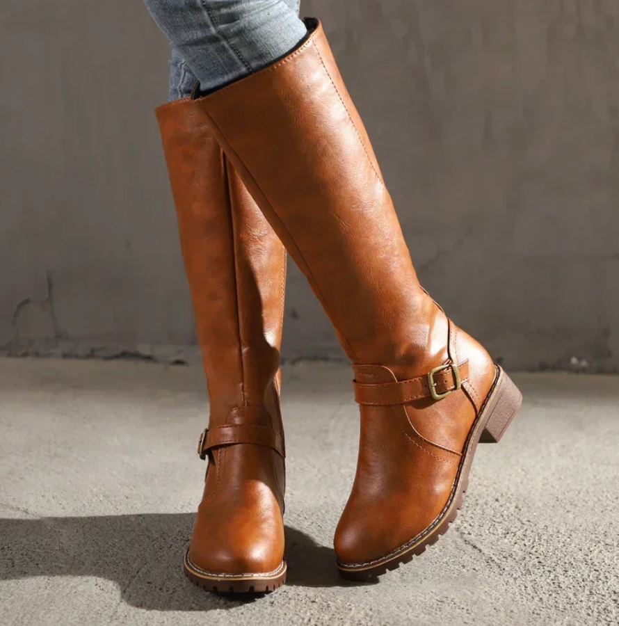 Women's Knee High Boots Buckle Strap Low Heel Black - VibreMode