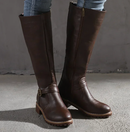 Women's Knee High Boots Buckle Strap Low Heel Black