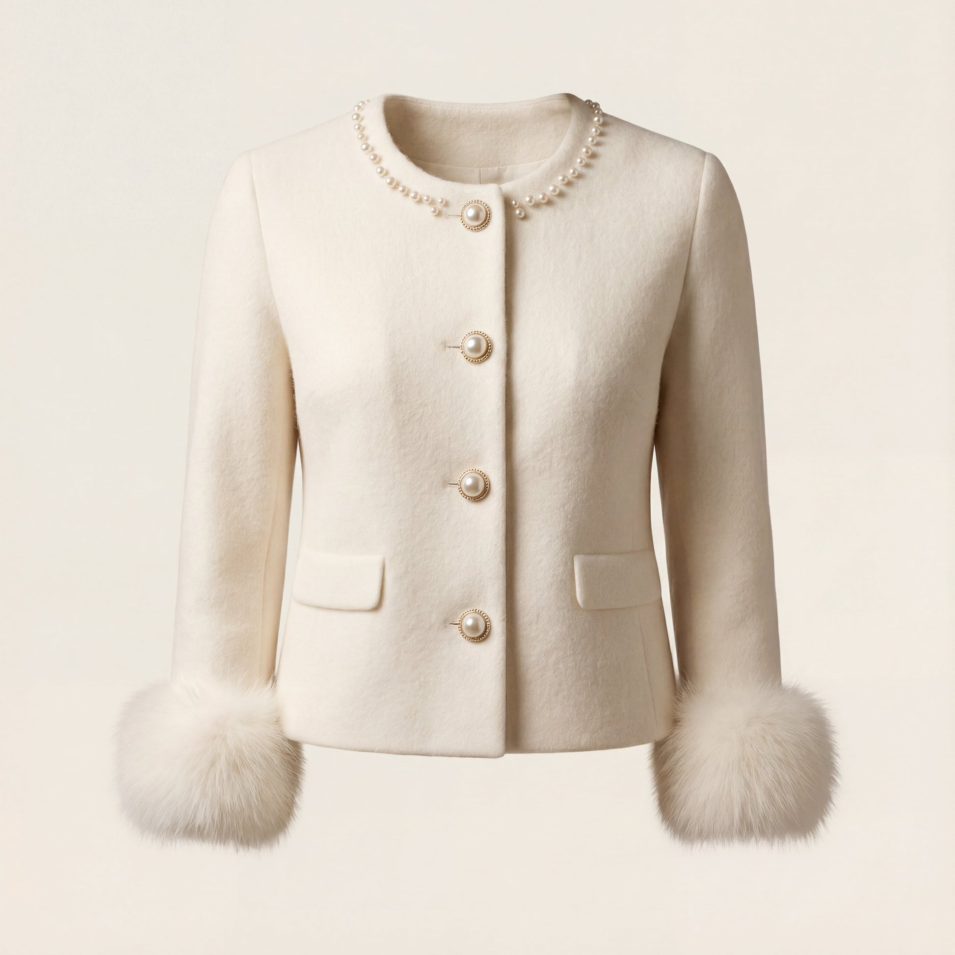 Beige jacket with fur cuffs on a beige background