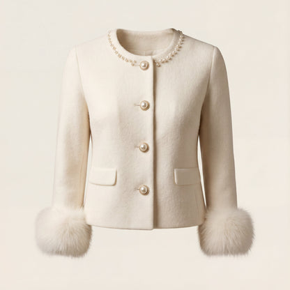 Beige jacket with fur cuffs on a beige background