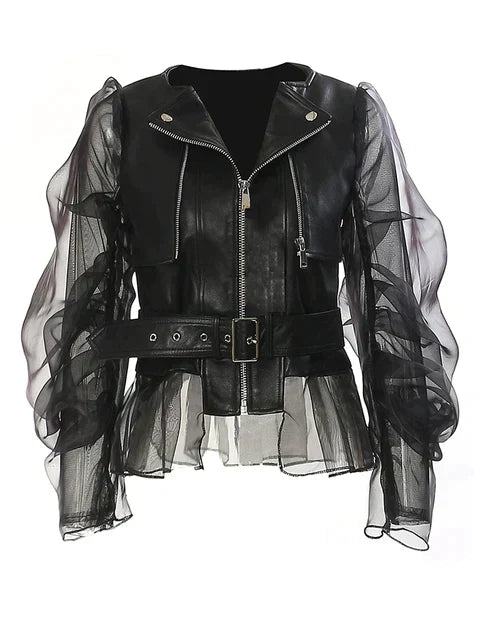 Women's Faux Leather Jacket Belted Waist Black - VibreMode