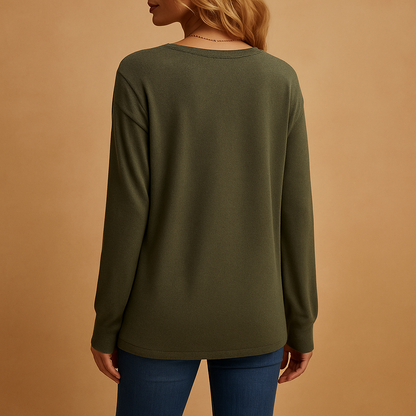 Women’s v-neck blouse with button details and a loose, comfortable fit, suitable for daily wear, office outfits, and versatile styling.
