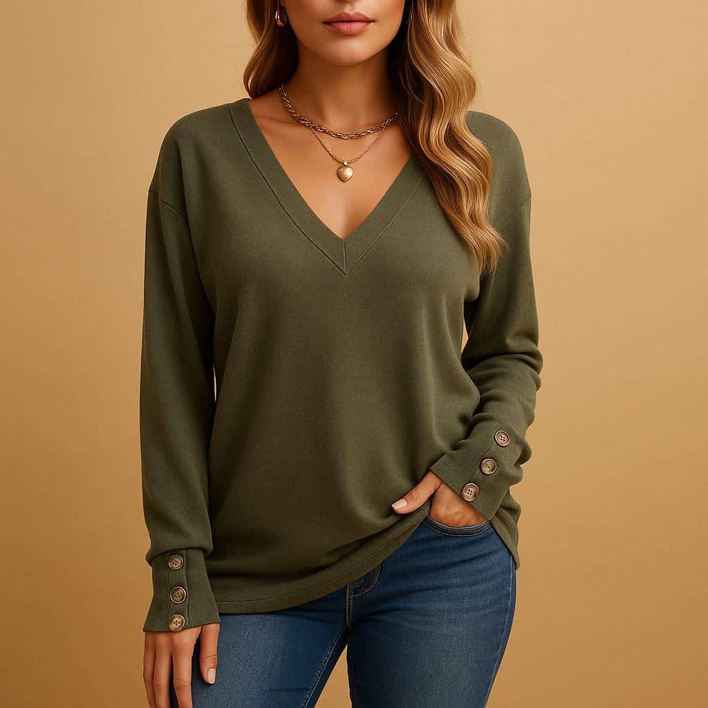 Women’s v-neck blouse with button details and a loose, comfortable fit, suitable for daily wear, office outfits, and versatile styling.