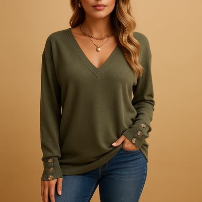 Women’s v-neck blouse with button details and a loose, comfortable fit, suitable for daily wear, office outfits, and versatile styling.