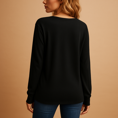 Women’s v-neck blouse with button details and a loose, comfortable fit, suitable for daily wear, office outfits, and versatile styling.