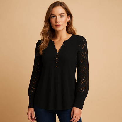 Women’s elegant V-neck blouse with lace details in white or black, ideal for both everyday wear and formal occasions.