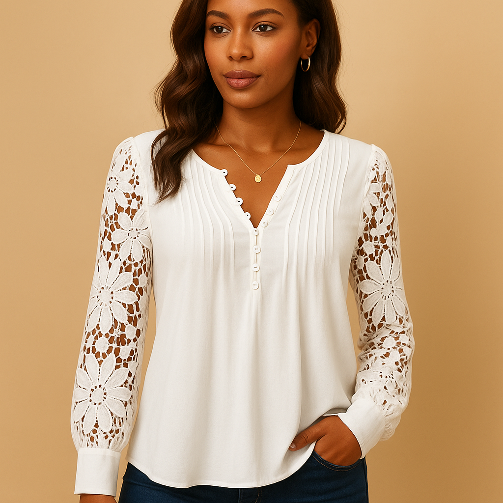 Feminine Lace Trim V-Neck Top for Women - VibreMode