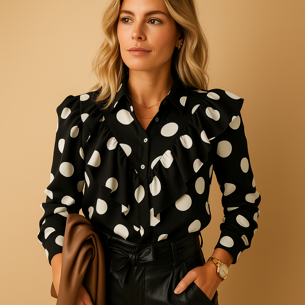 Women’s v-neck blouse with subtle ruffles and a lightly tailored fit, suitable for everyday wear, work, or formal occasions.