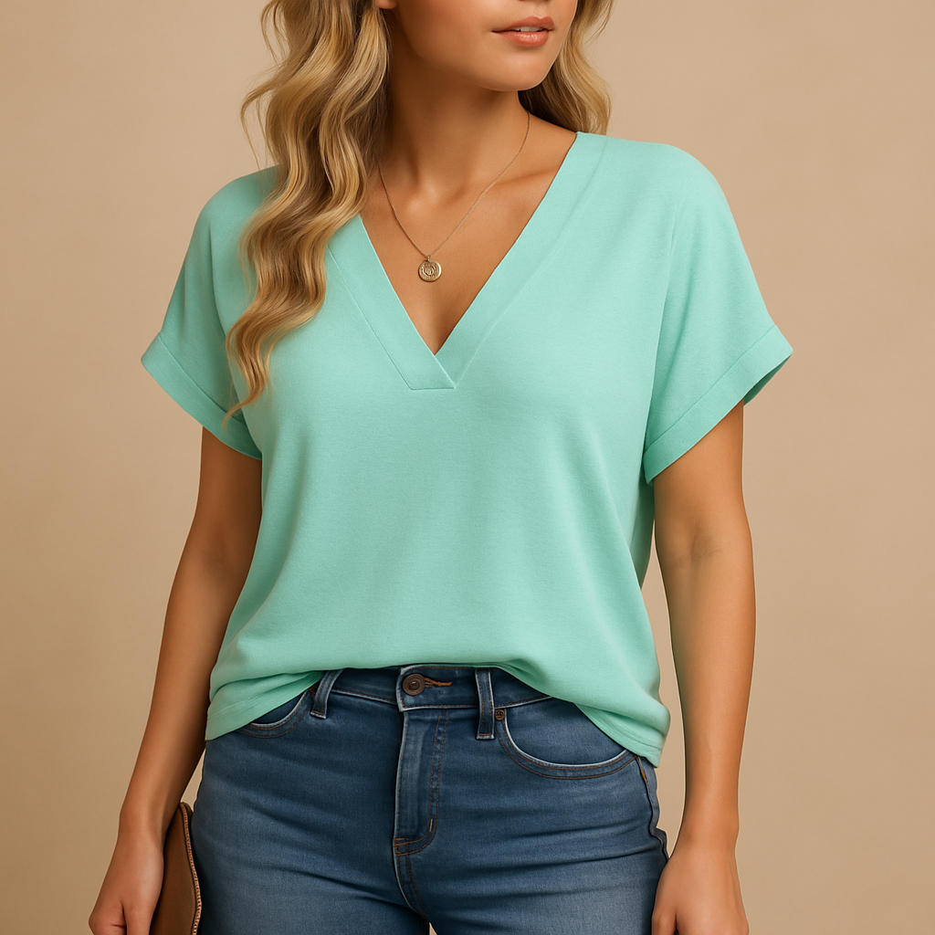 Women’s v-neck blouse with short puff sleeves, lightweight and breathable, ideal for work, casual wear, and warm everyday occasions.