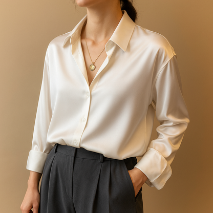 Women’s V-neck blouse with collar and button closure in soft neutral tones, designed for a loose and elegant fit.