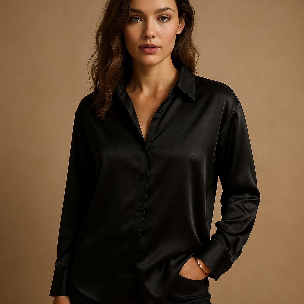Women’s V-neck blouse with collar and button closure in soft neutral tones, designed for a loose and elegant fit.