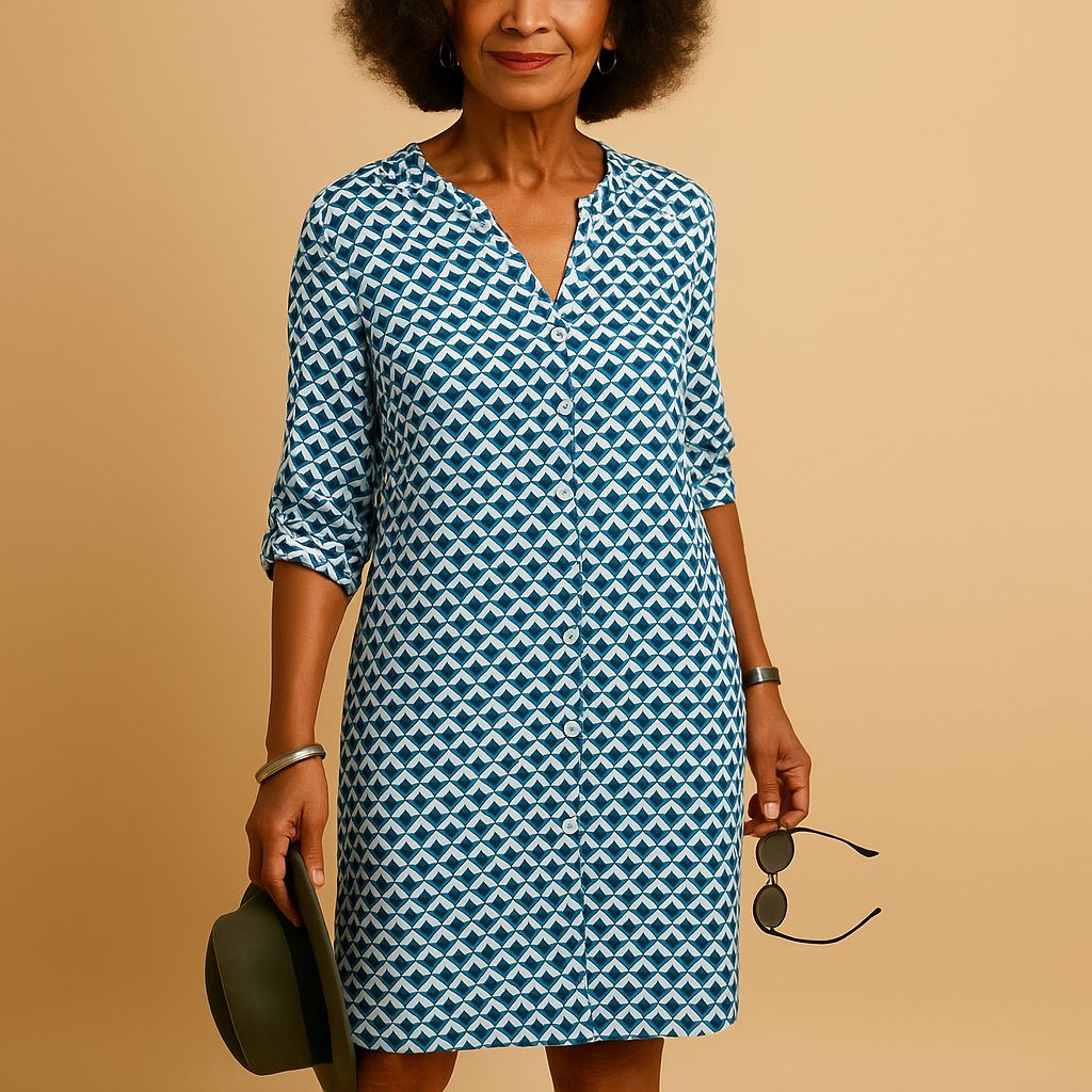 V-neck casual dress with half sleeves for women featuring a loose fit and lightweight fabric, ideal for daily wear and relaxed summer outings.
