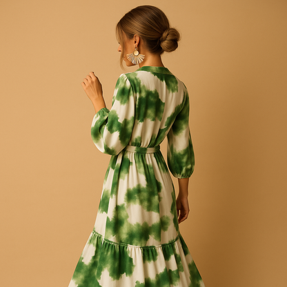 Women’s V-neck maxi dress with long sleeves and flowing silhouette, perfect for formal occasions, evening events, and elegant outings.