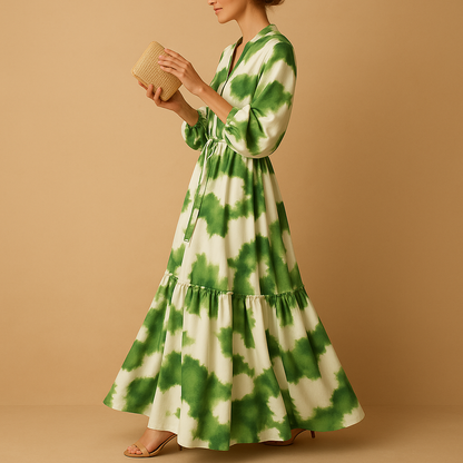 Women’s V-neck maxi dress with long sleeves and flowing silhouette, perfect for formal occasions, evening events, and elegant outings.