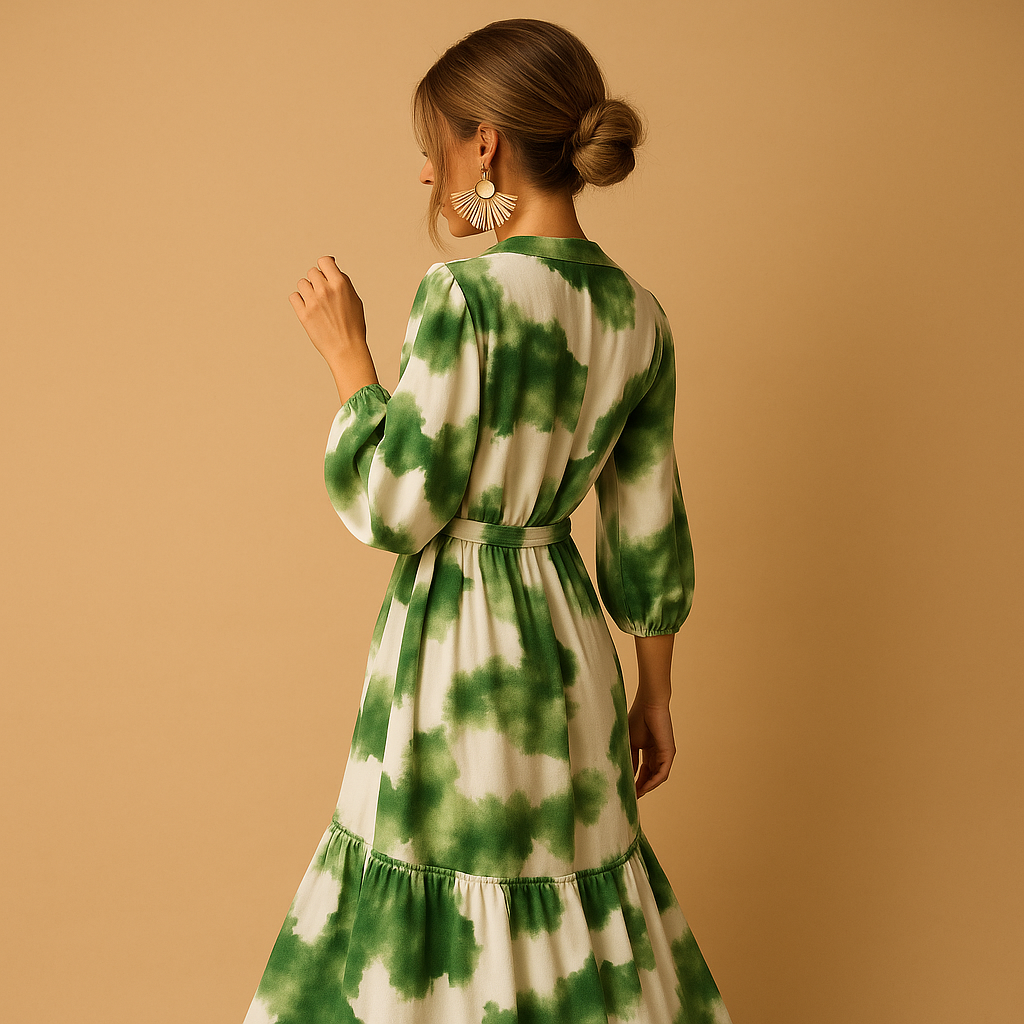 V-neck maxi dress with long sleeves for women featuring a flowing silhouette, perfect for formal events, evening dinners, and festive occasions.
