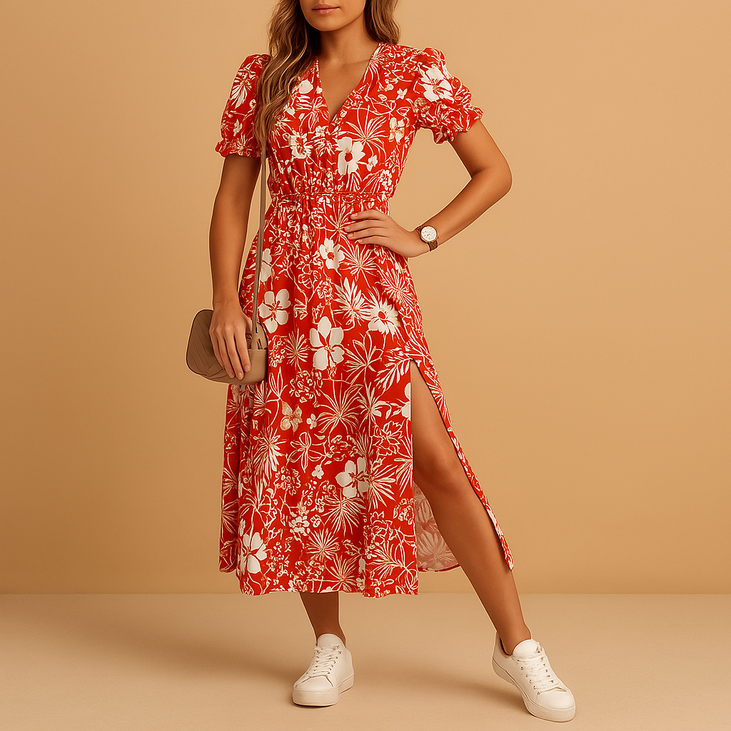 V-neck maxi dress with slit and bold print for women, perfect for summer vacations, beach days, and casual garden parties.