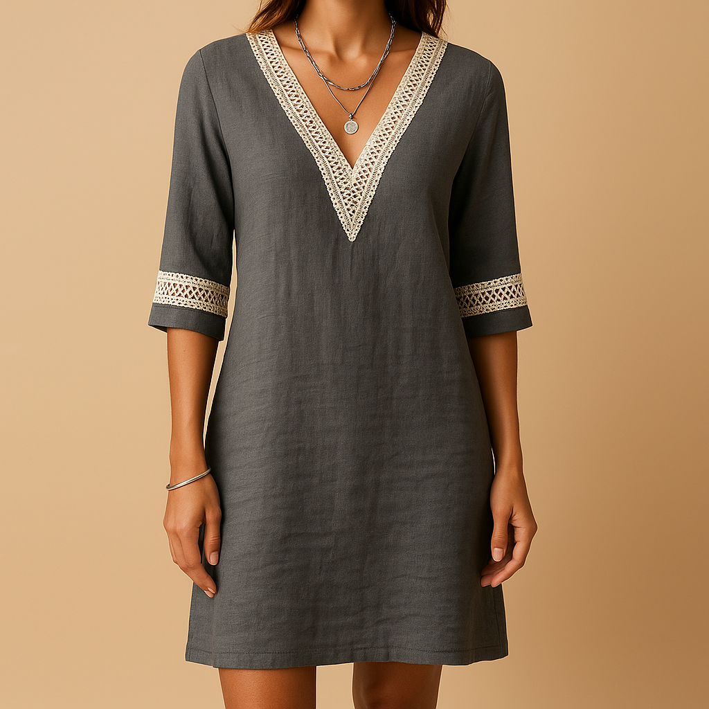 Women’s V-neck summer dress with lace details and relaxed fit, perfect for beach outings, casual summer days, and lightweight comfort.