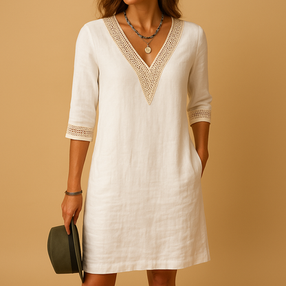 Women’s V-neck summer dress with lace details and relaxed fit, perfect for beach outings, casual summer days, and lightweight comfort.