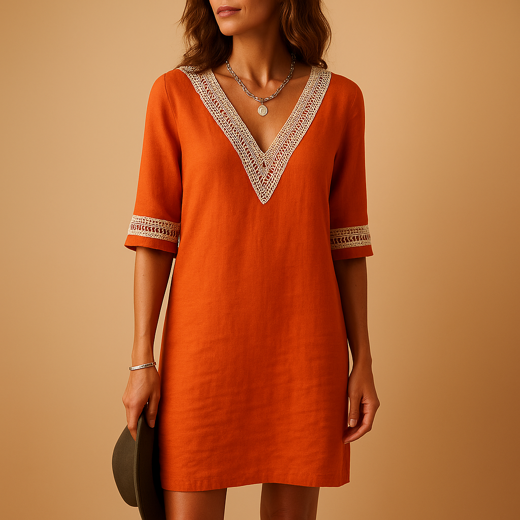 Women’s V-neck summer dress with lace details and relaxed fit, perfect for beach outings, casual summer days, and lightweight comfort.