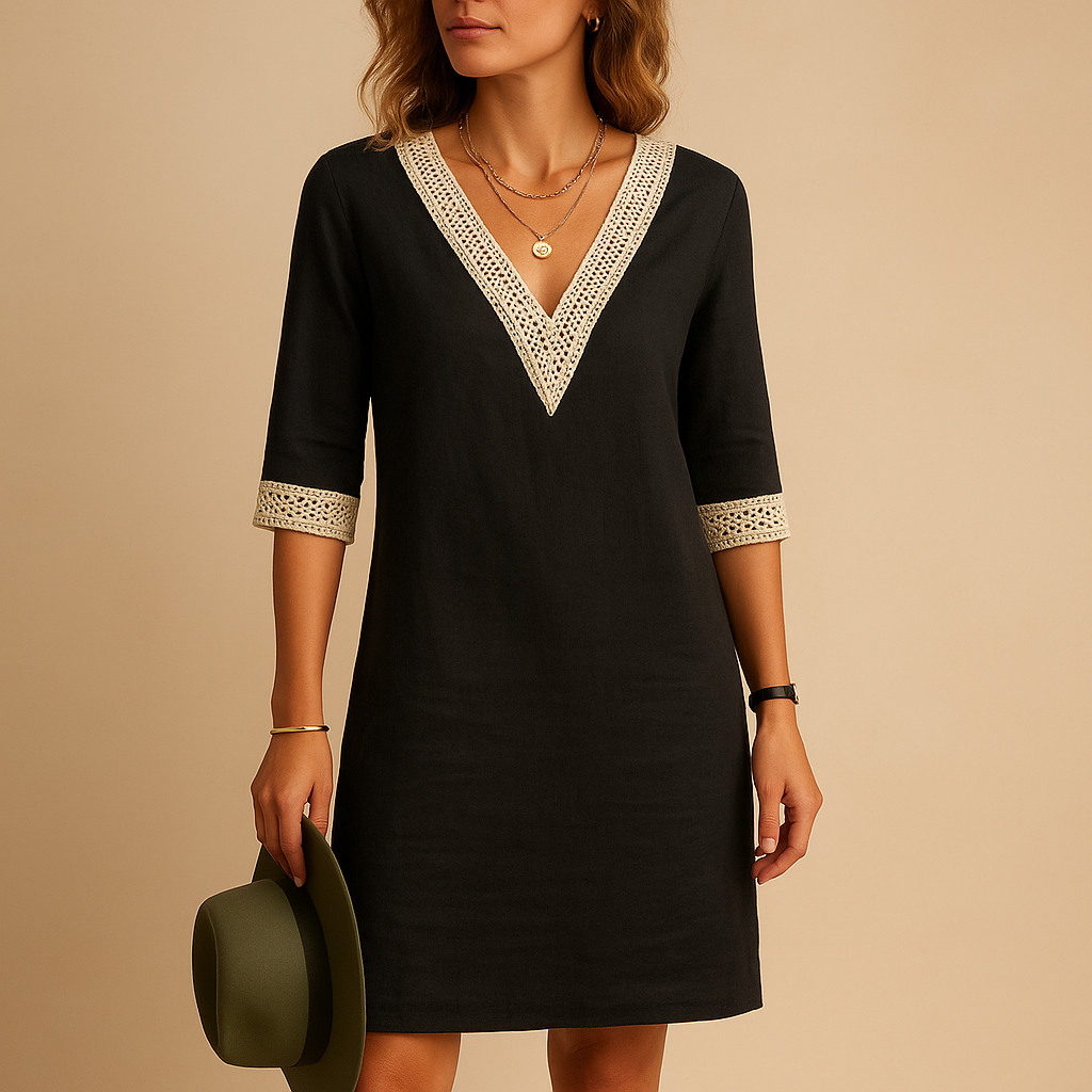 Women’s V-neck summer dress with lace details and relaxed fit, perfect for beach outings, casual summer days, and lightweight comfort.