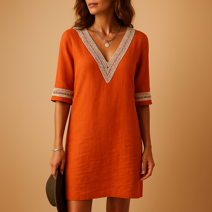 V-neck summer dress with lace details for women featuring three-quarter sleeves and a relaxed fit, perfect for beach days and casual summer outings.