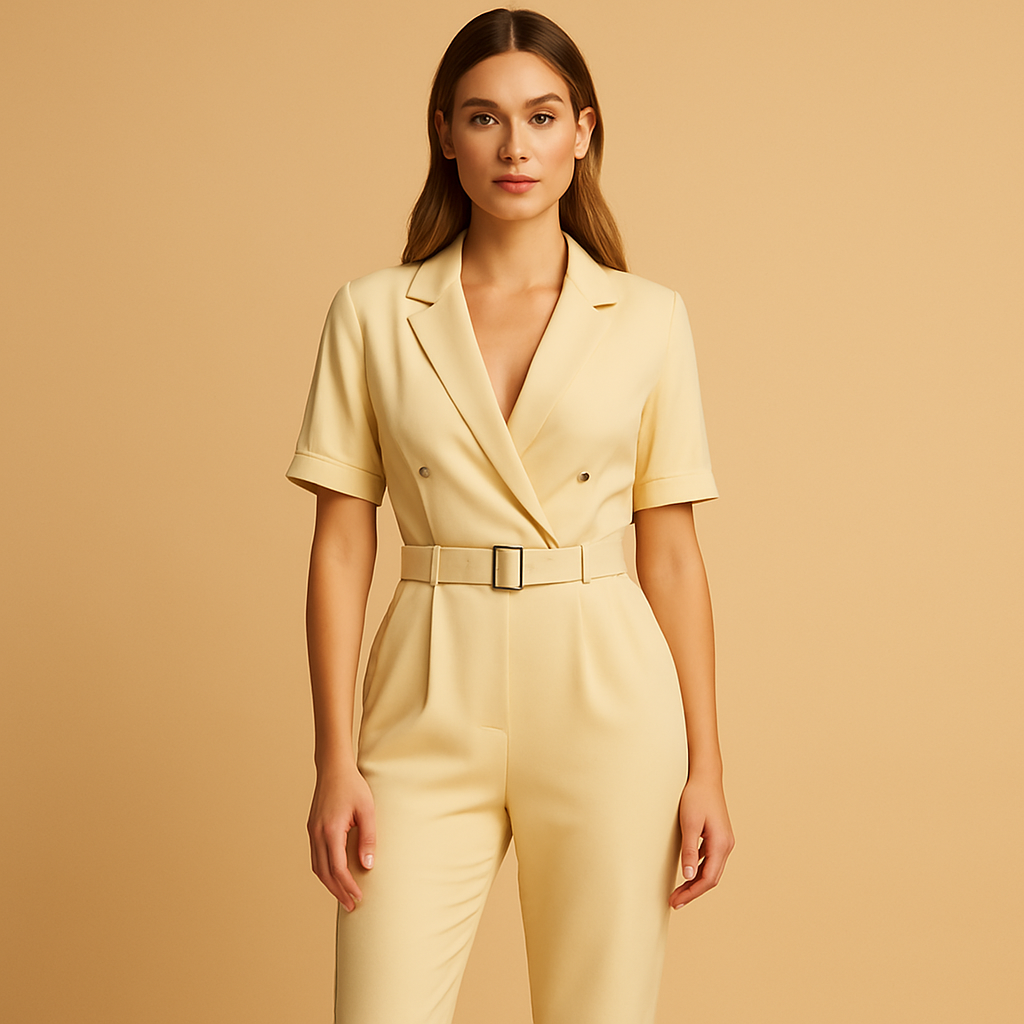 Woman wearing a V-neck tailored jumpsuit with a fitted silhouette, formal collar, and half sleeves, ideal for work or formal events.