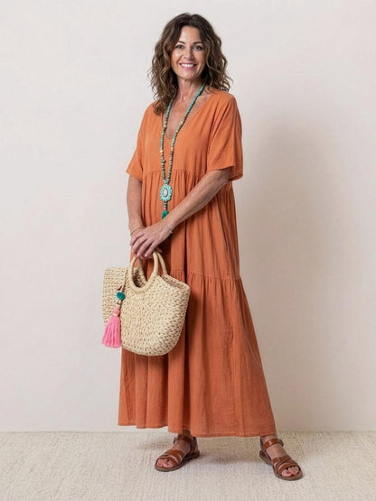 Flowy V-Neck Maxi Dress for Women with Short Sleeves - VibreMode