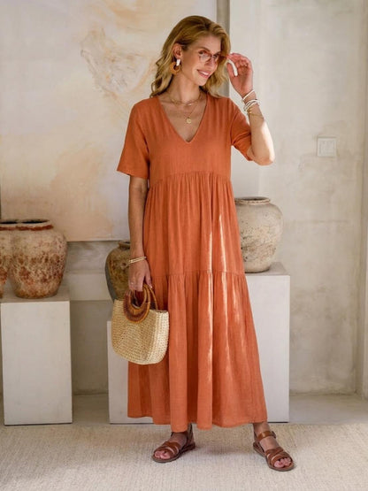 Flowy V-Neck Maxi Dress for Women with Short Sleeves