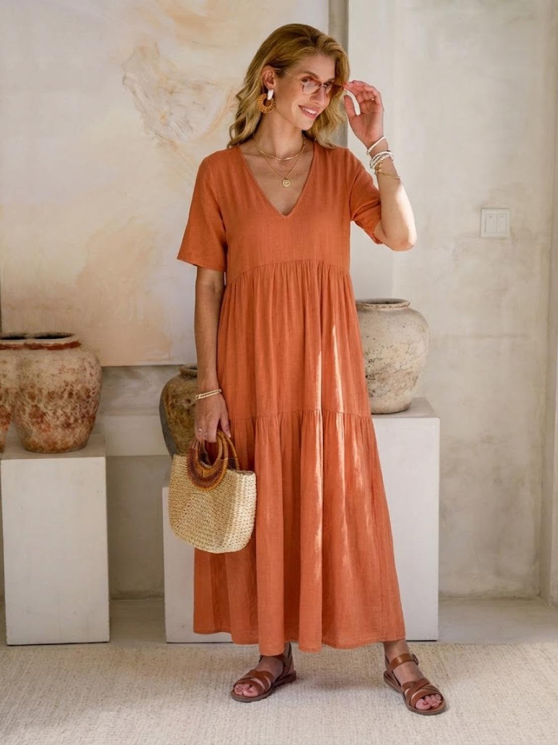 Women's V-Neck Maxi Dress Short Sleeves