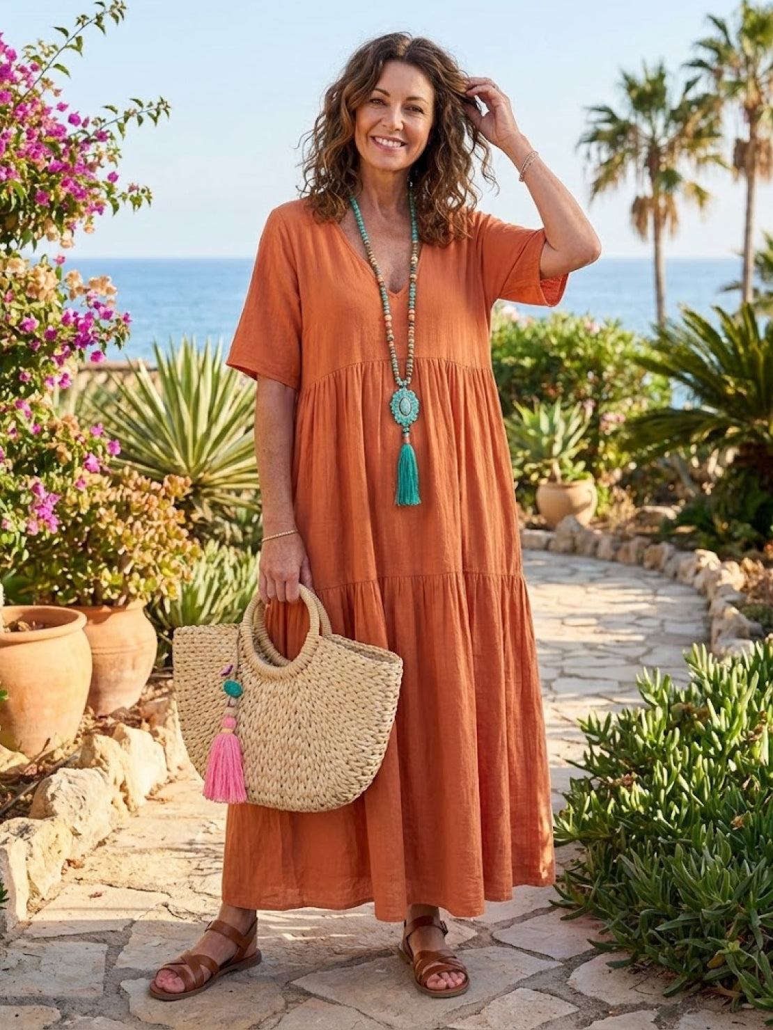 Flowy V-Neck Maxi Dress for Women with Short Sleeves