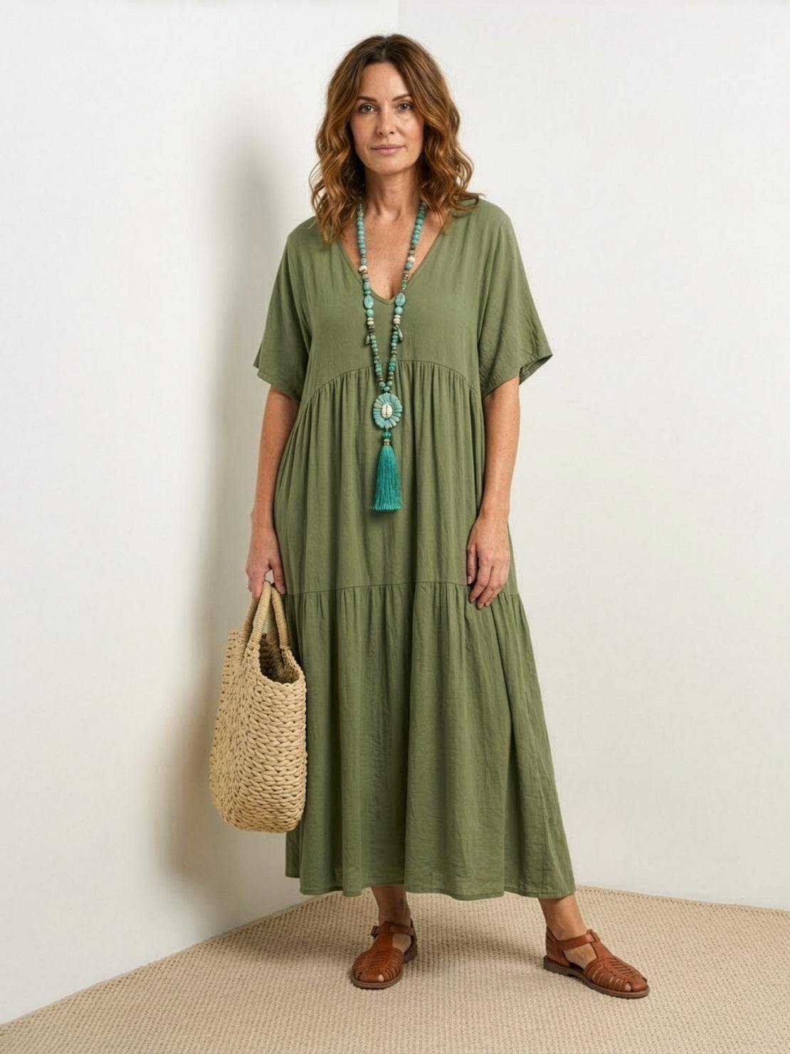 Flowy V-Neck Maxi Dress for Women with Short Sleeves