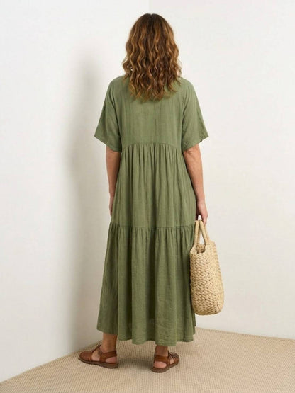 Flowy V-Neck Maxi Dress for Women with Short Sleeves